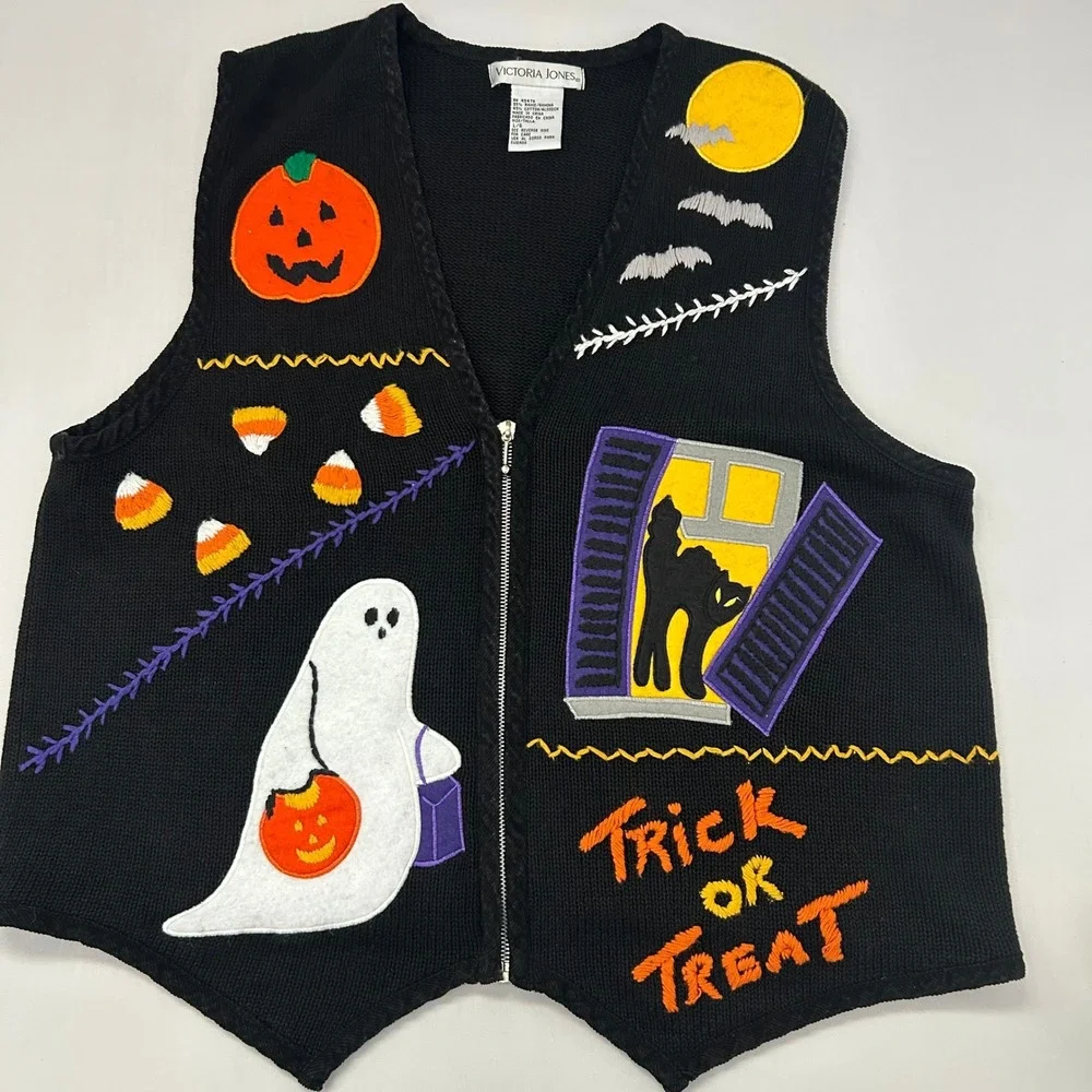Victoria Jones Halloween Sweater Vest Women L Black Zip Up Ghost Pumpkin Bat VTG